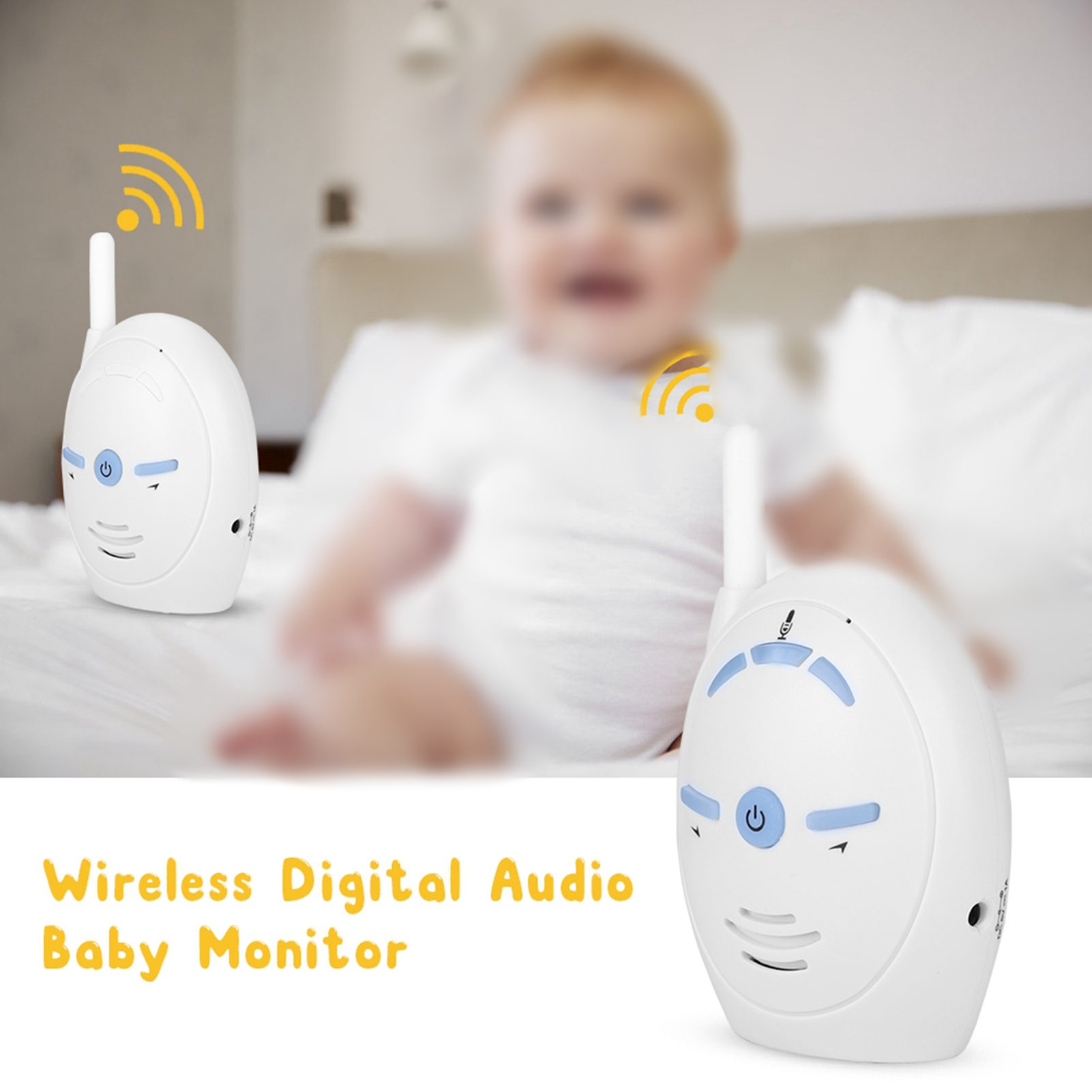 Kabelloser Babyphone mit zwei Einheiten, weiß-blaues Design, Baby und Bett im Hintergrund.