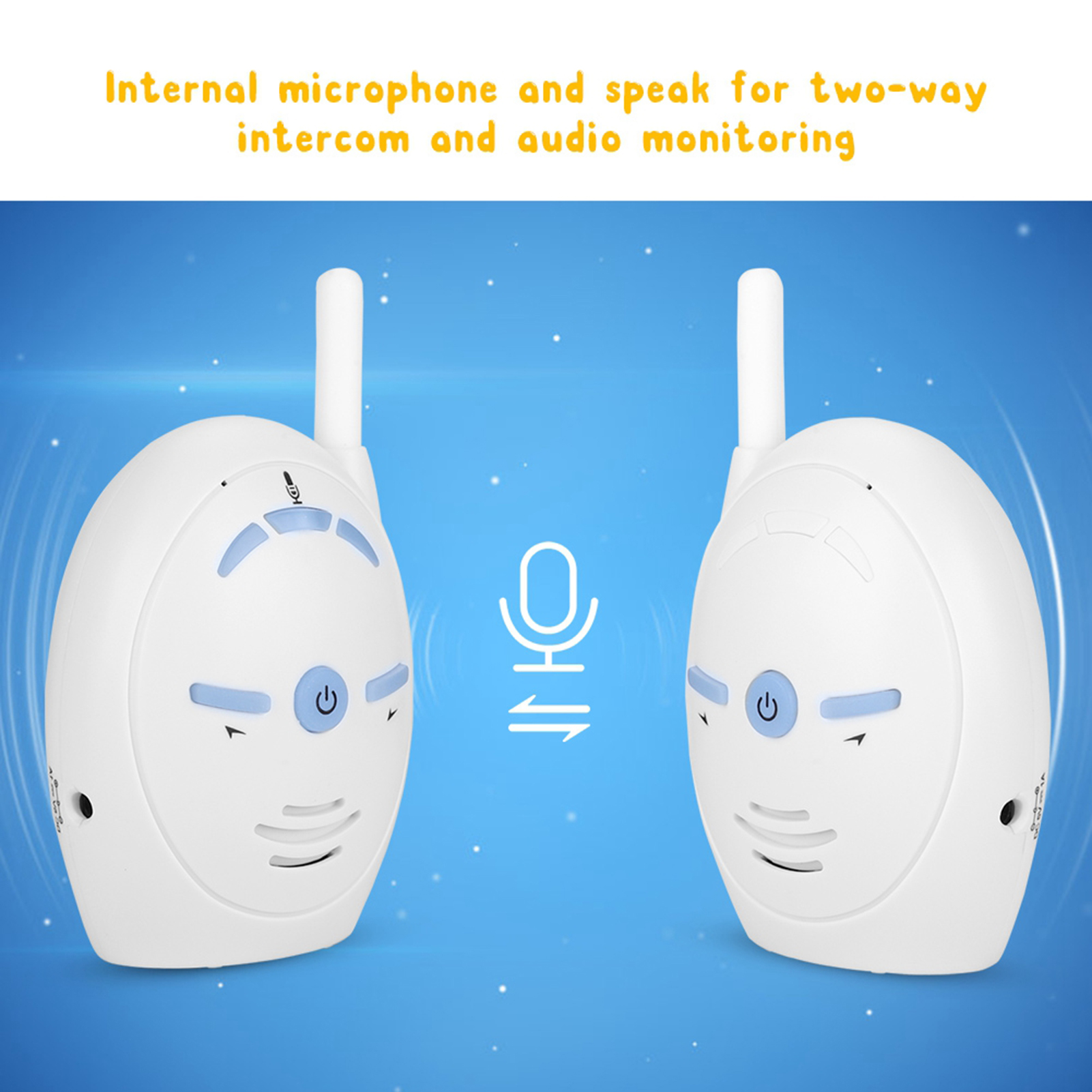 Zwei weiße Babyphone. Merkmale umfassen Mikrofon, Power-Tasten und Antennen. Blauer Hintergrund.