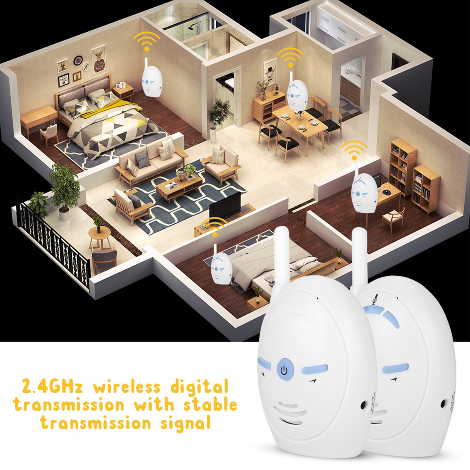 Draufsichtdiagramm eines Hauses mit mehreren Babyfons und WLAN-Signalen.