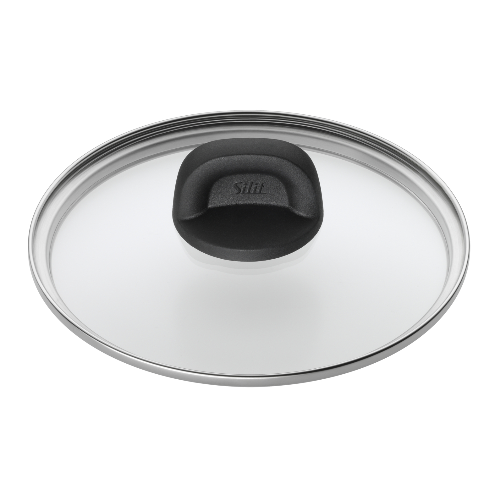Ein transparenter Glasdeckel mit schwarzem Griff und silbernem Rand.