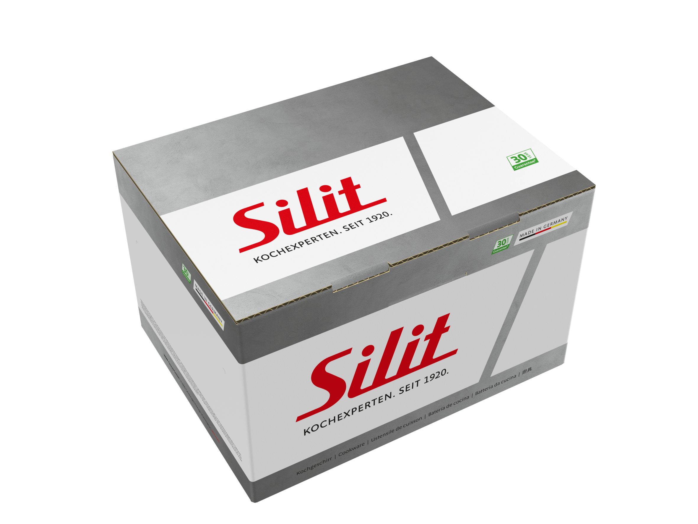 Eine weiß-graue Box mit der Aufschrift 'SilIt', mit Text 'KOCHEXPERTEN. SEIT 1920.' auf weißem Hintergrund.