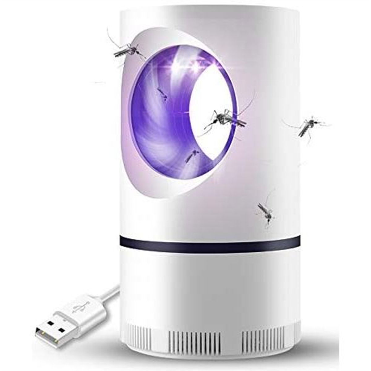 Weiße Mücken Falle mit lila Licht, USB-Kabel. Mücken drumherum. Weißer Hintergrund.
