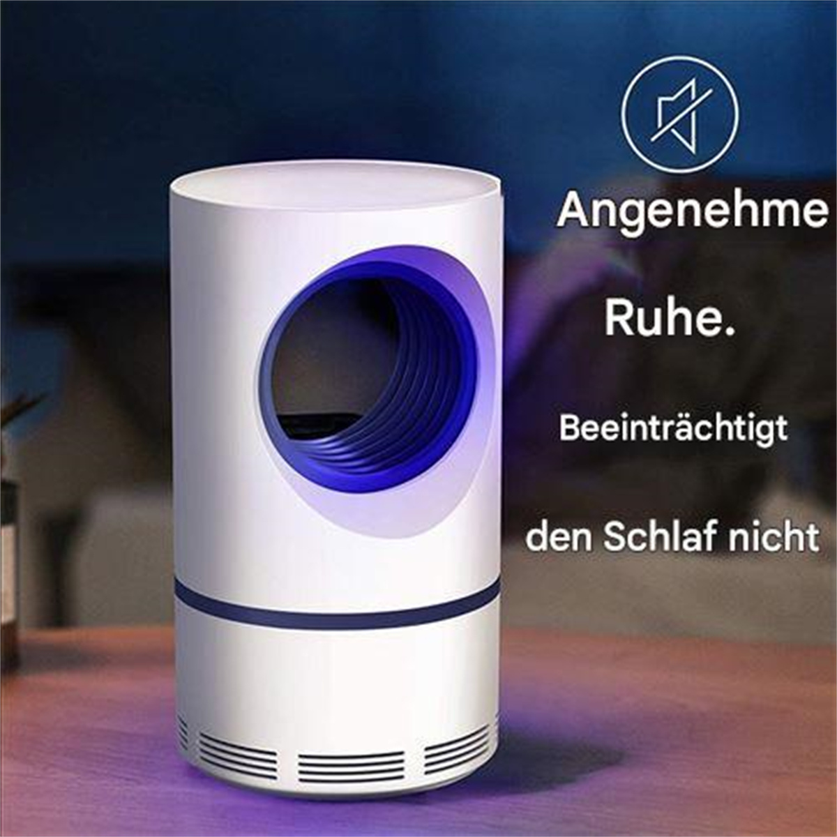 Weißer zylindrischer Moskitokiller mit blauem Licht und Text.
