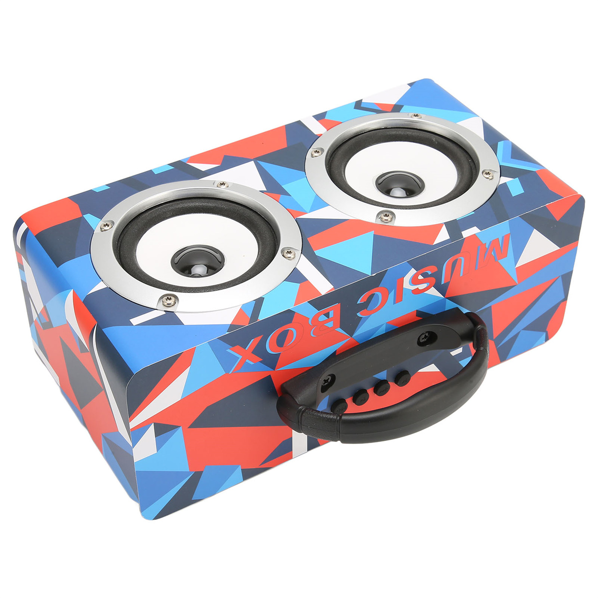Eine rechteckige Musikbox mit bunten geometrischen Mustern, zwei Lautsprechern und einem schwarzen Griff.