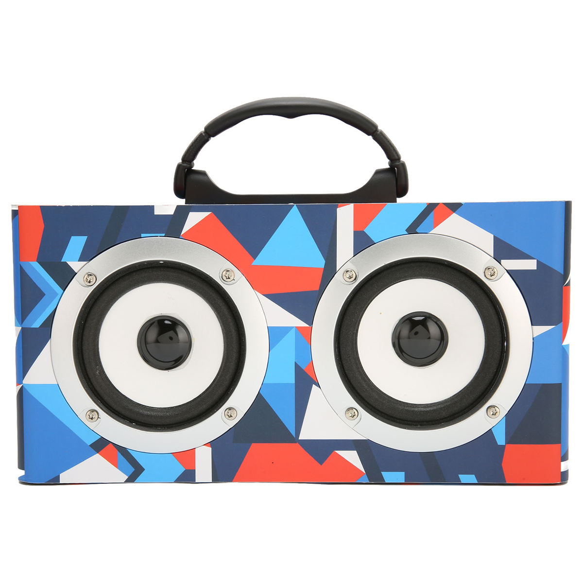 Bluetooth-Lautsprecher mit zwei Lautsprechern, Griff und blau-rotem Muster.