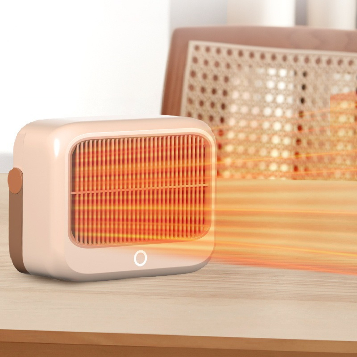 Kleiner beiger Elektroheizer mit orangefarbenem Glühen auf einem Holztisch.