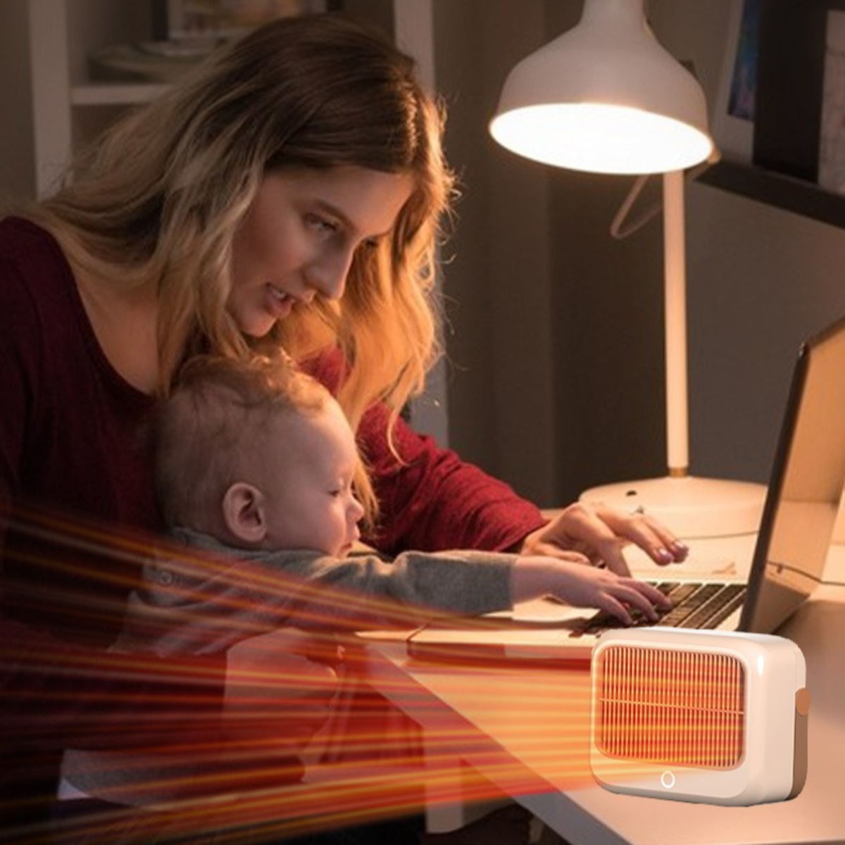 Eine Frau und ein Baby vor einem Laptop mit einem Heizgerät auf dem Tisch.