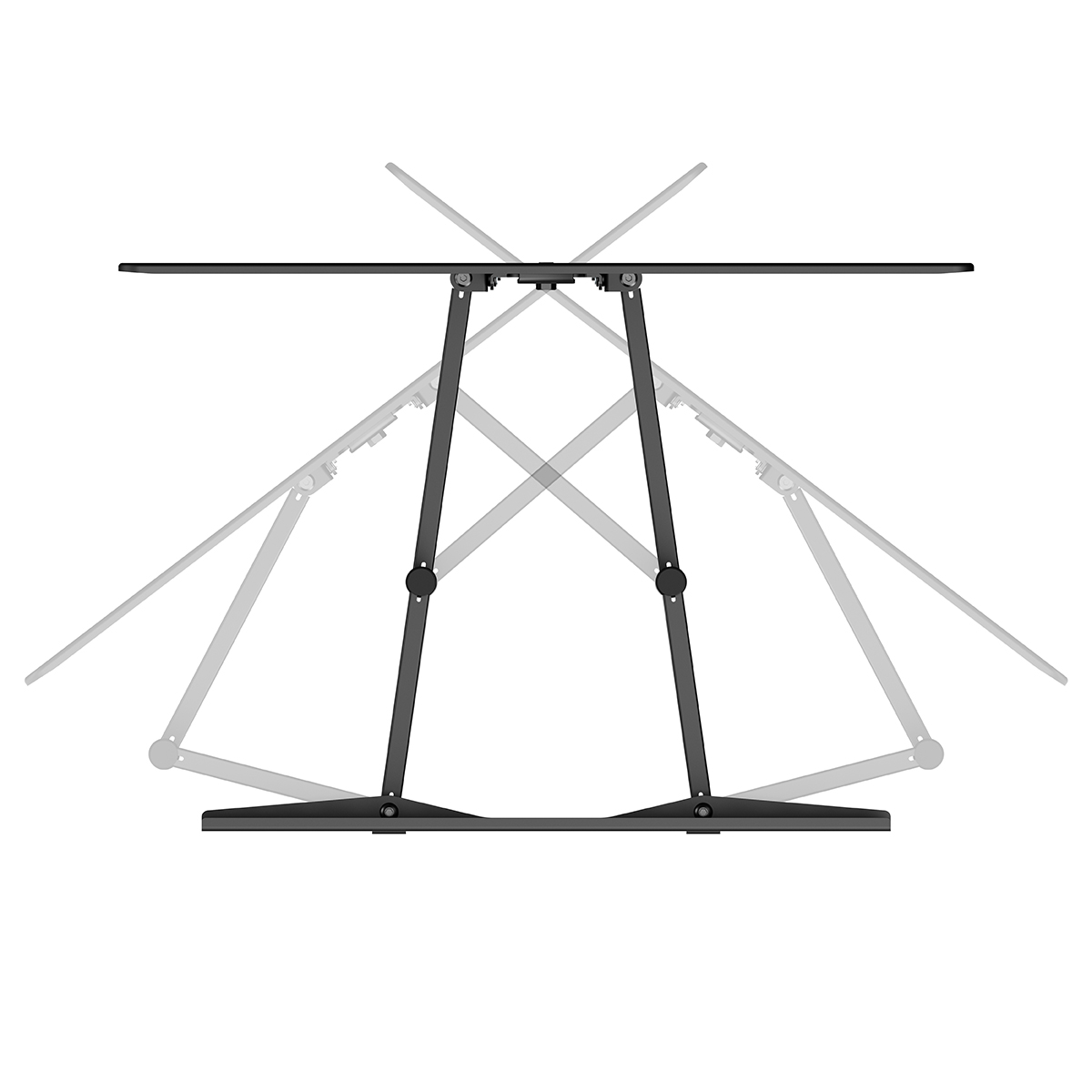 Ein Ständer für Fernseher oder Monitor mit verstellbaren Armen. Es ist schwarz und der Hintergrund ist weiß.