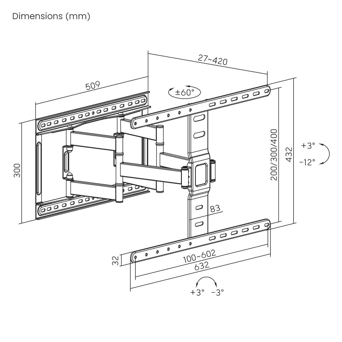 Diagramm einer TV-Halterung mit Abmessungen. Die Halterung ist silber und schwarz. Die Abmessungen sind in mm.