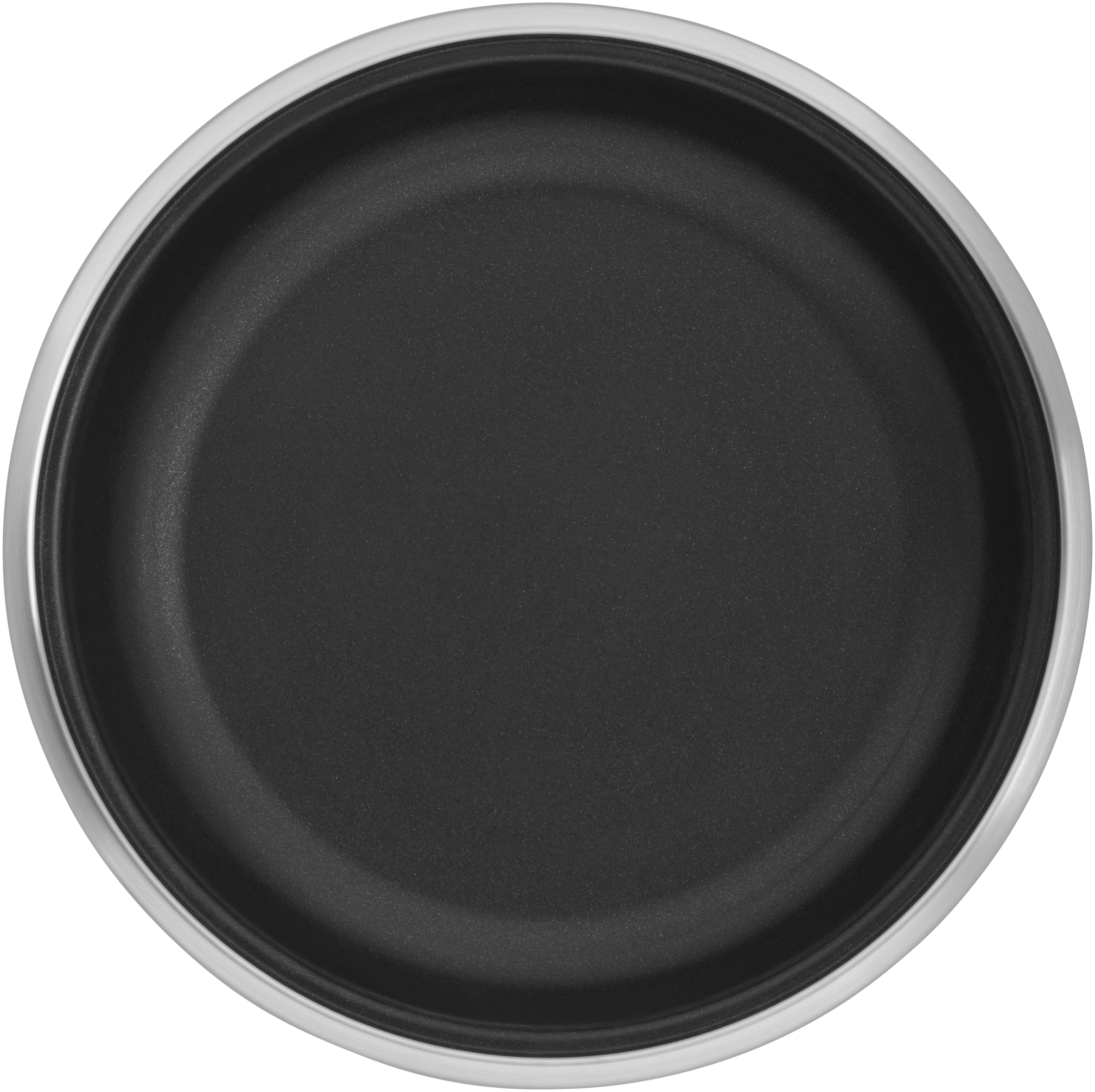 Eine schwarze Bratpfanne mit silbernem Rand. Die Oberfläche ist antihaftbeschichtet und die Pfanne kreisförmig.