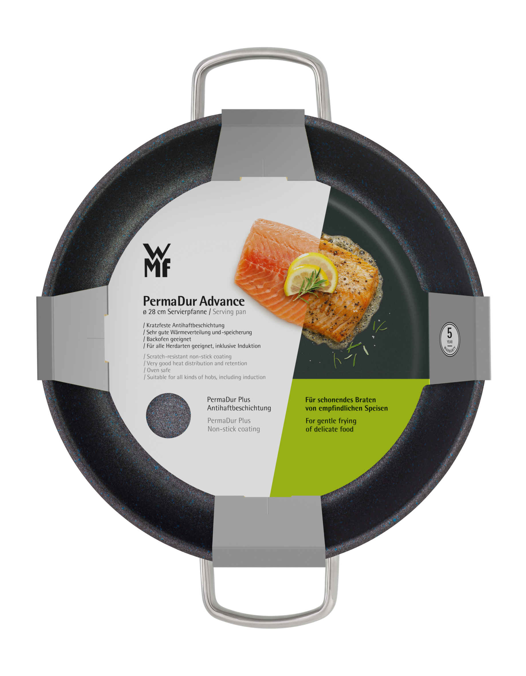Servierpfanne mit Lachs und Zitrone, mit Text und Griff.