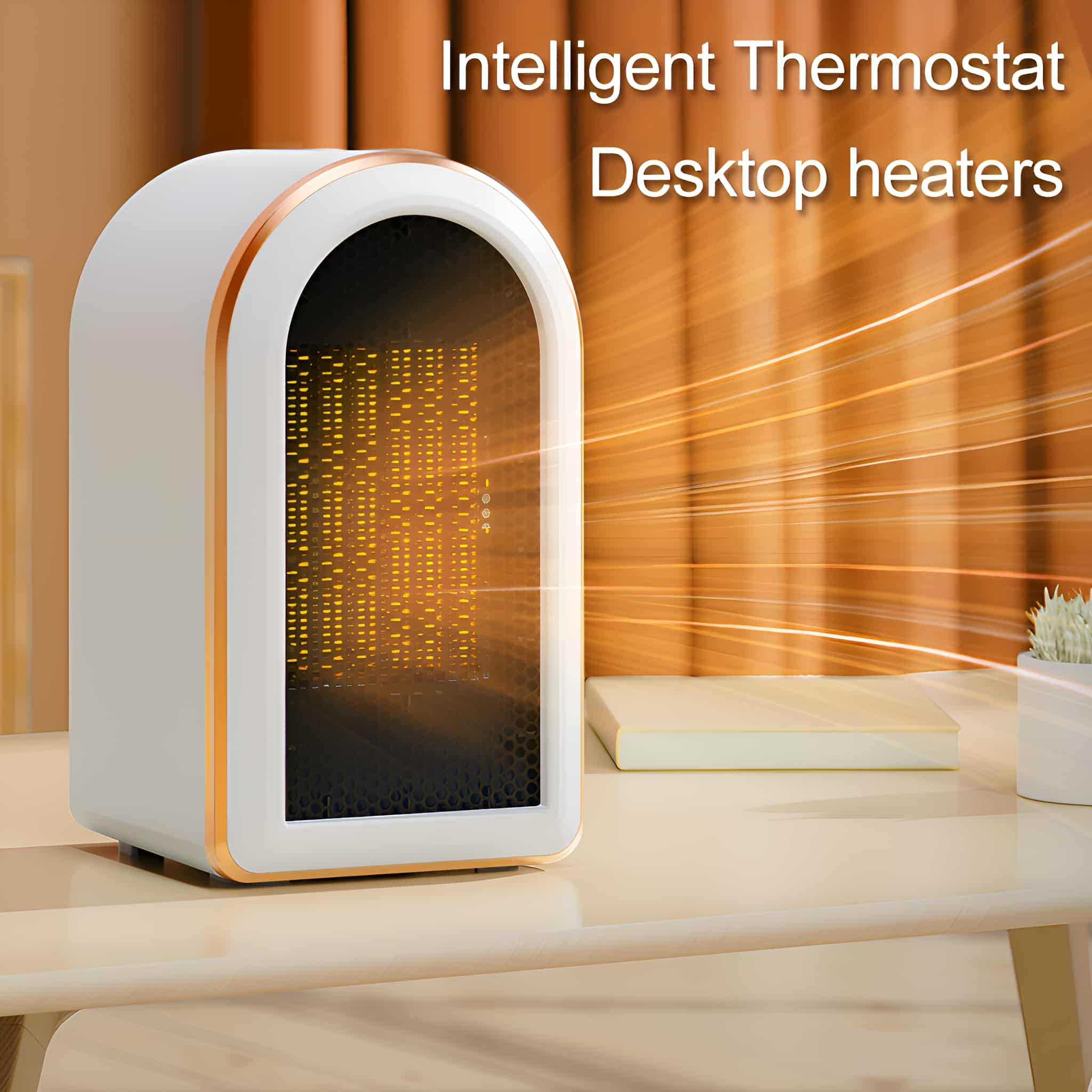 Weißer und goldener Tischheizkörper auf dem Tisch. Text lautet 'Intelligenter Thermostat, Tischheizkörper'.