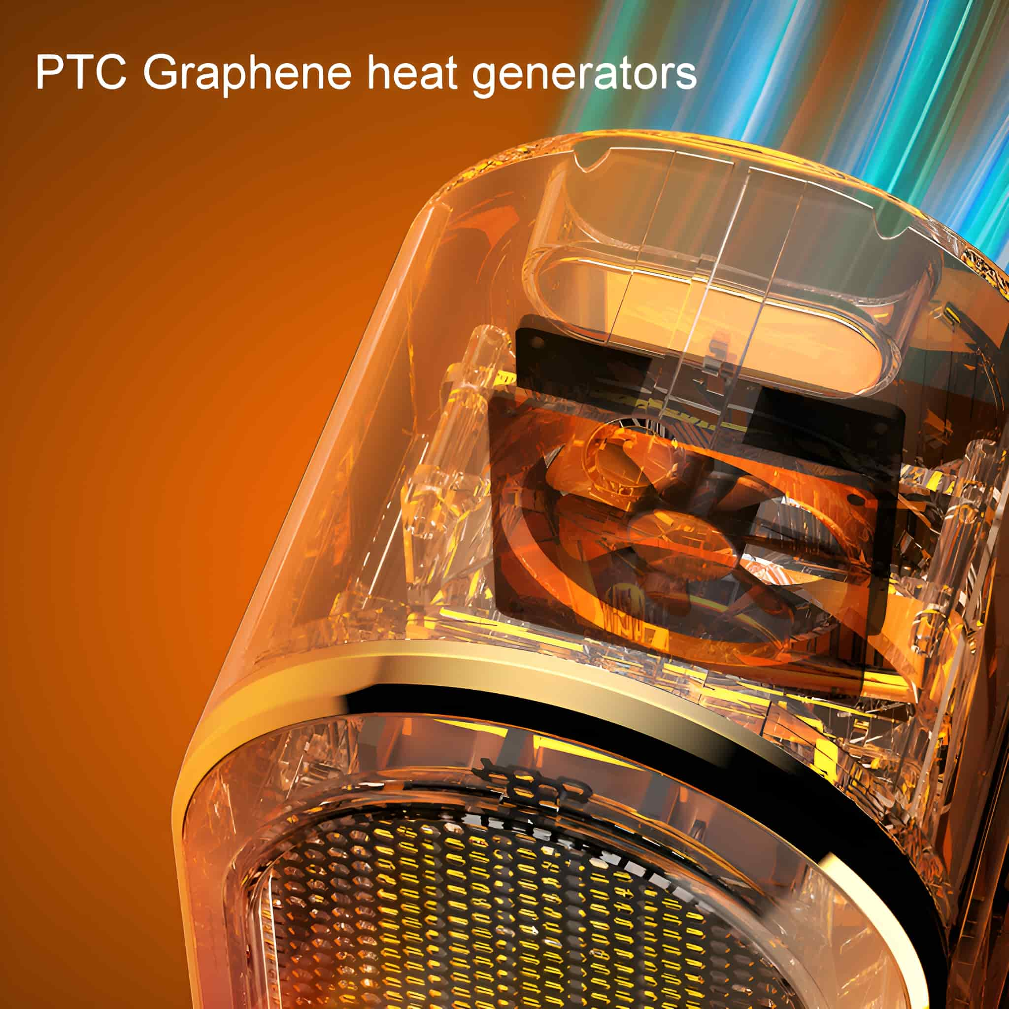Ein transparenter Behälter mit internen Komponenten, die Worte 'PTC Graphene heat generators'.