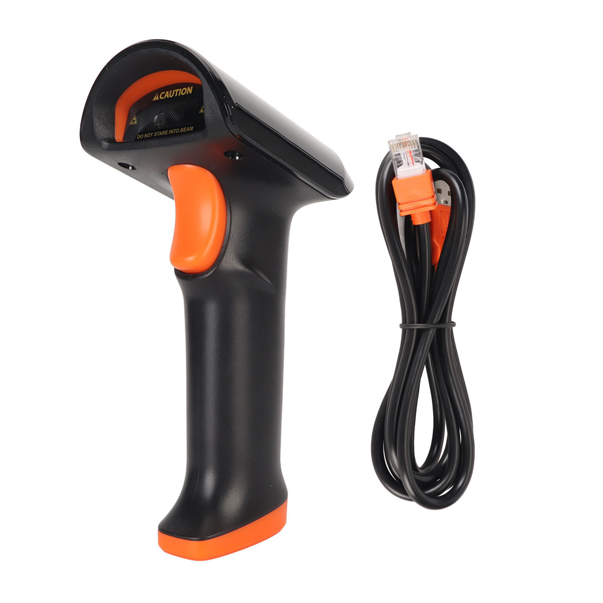 Schwarzer und oranger Barcode-Scanner mit schwarzem Kabel. Text 'VORSICHT' sichtbar.
