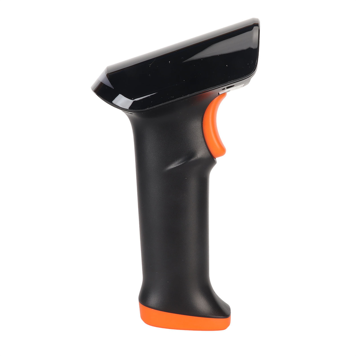 Schwarzer Barcode-Scanner. Oranger Auslöser. Draufsicht. Weißer Hintergrund.