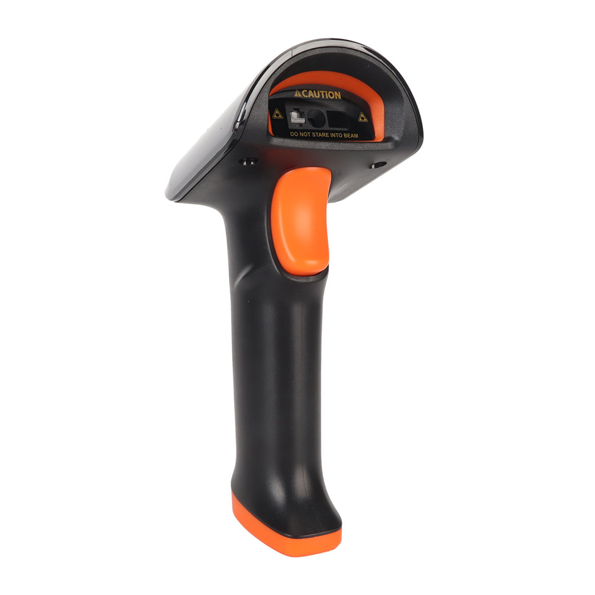 Ein schwarz-oranger Barcodescanner mit Griff, auf weißem Hintergrund, nach oben abgewinkelt.