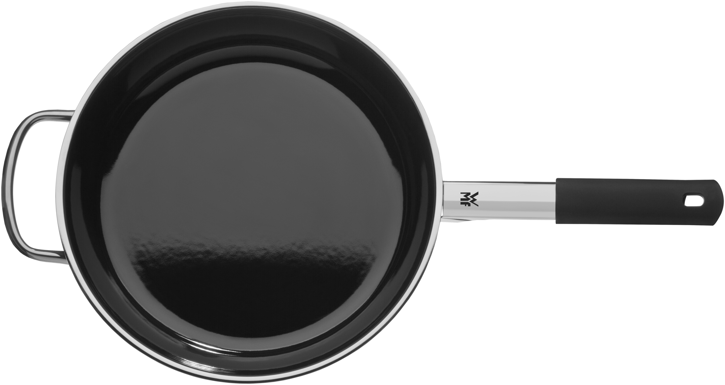 Eine Draufsicht auf eine schwarze Pfanne mit Griff.