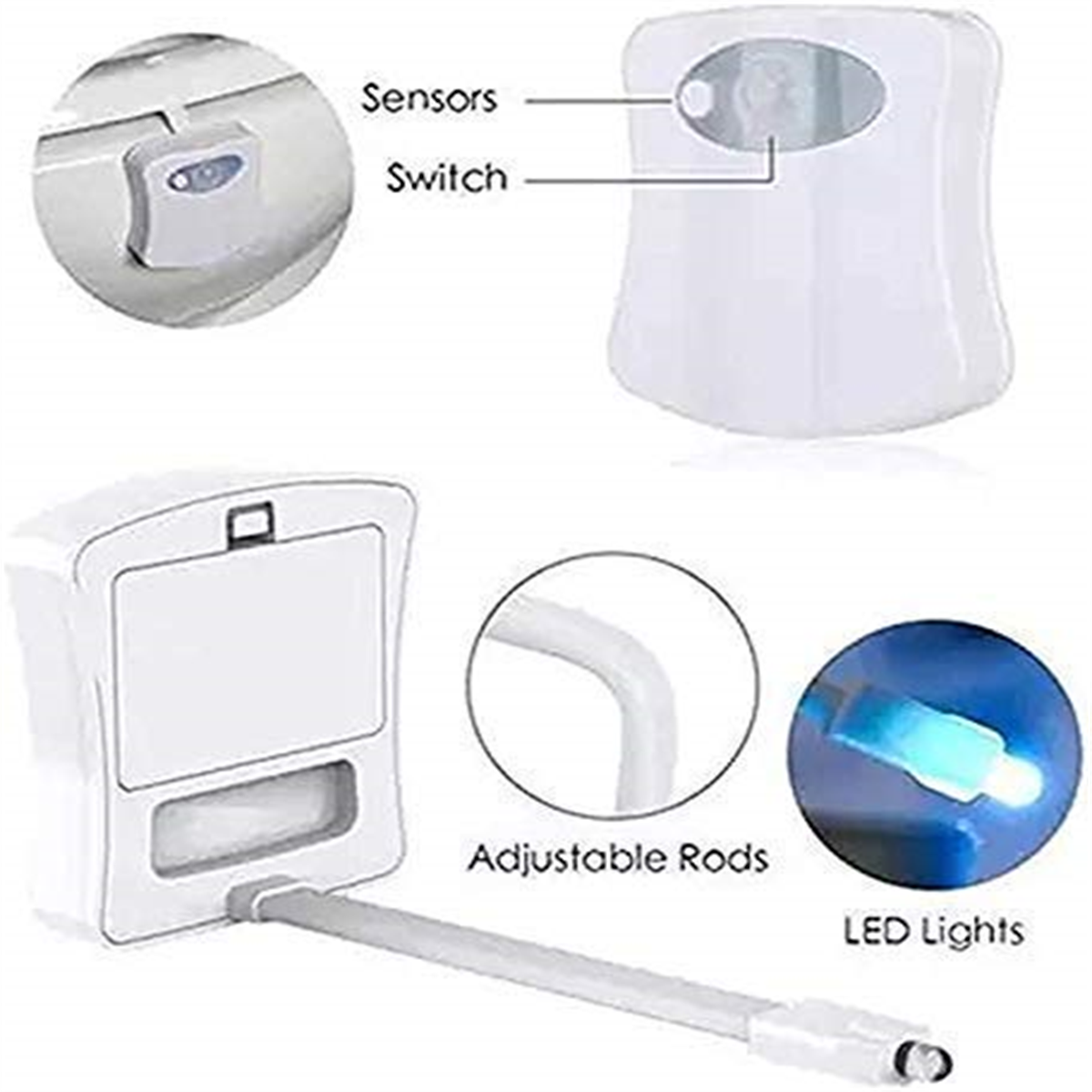 Toiletten-Nachtlicht mit Sensoren, Schalter und verstellbaren Stäben. Mit LED-Leuchten.