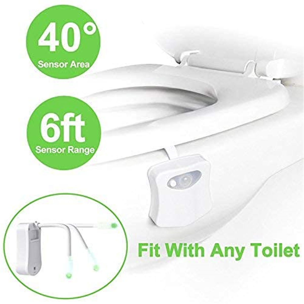 Toilette mit Sensor und Licht. Der Sensorbereich beträgt 40 Grad und die Reichweite 6 Fuß.