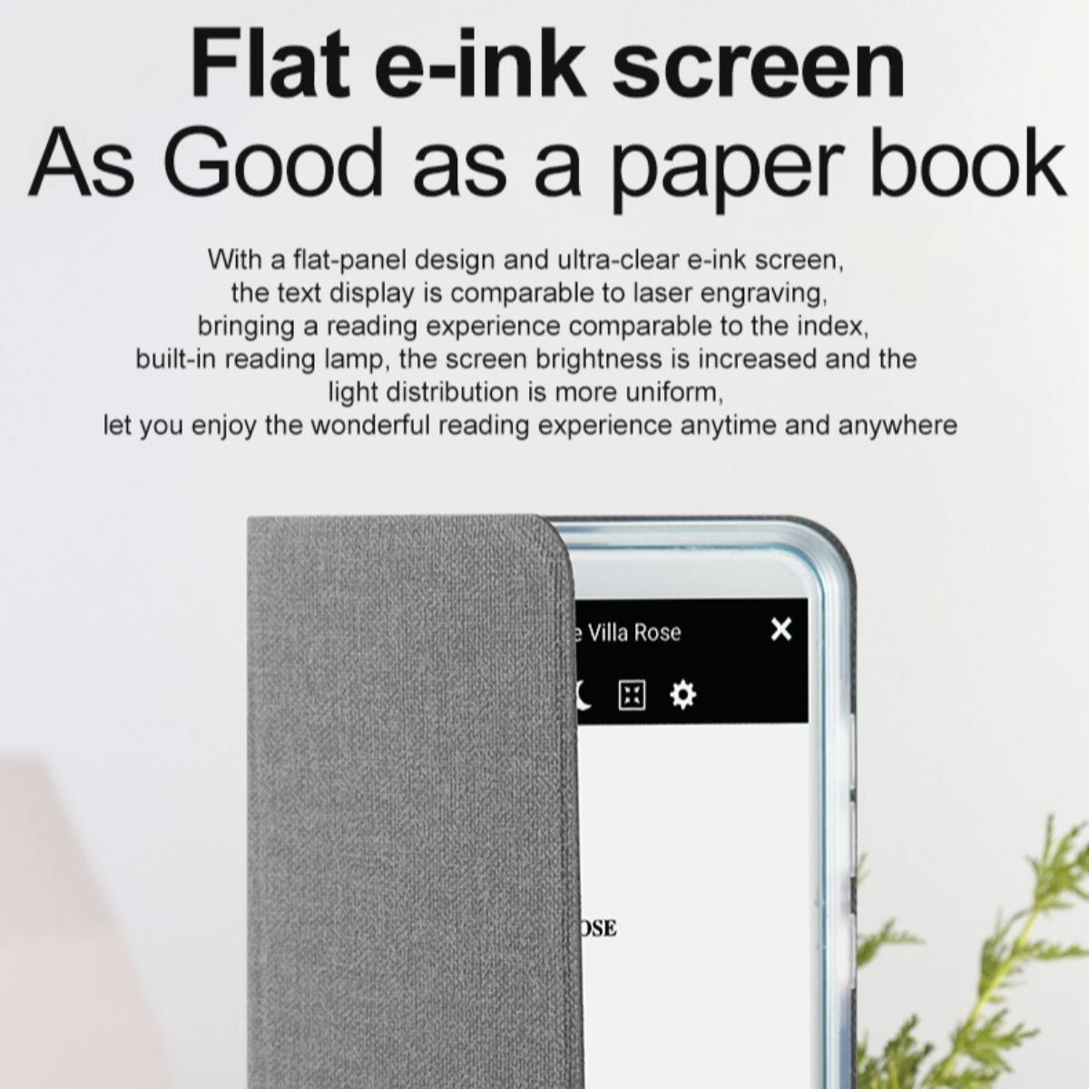 Nahaufnahme eines Telefons mit grauem Gehäuse, das Text zeigt. Hintergrundtext behandelt E-Ink-Bildschirme.