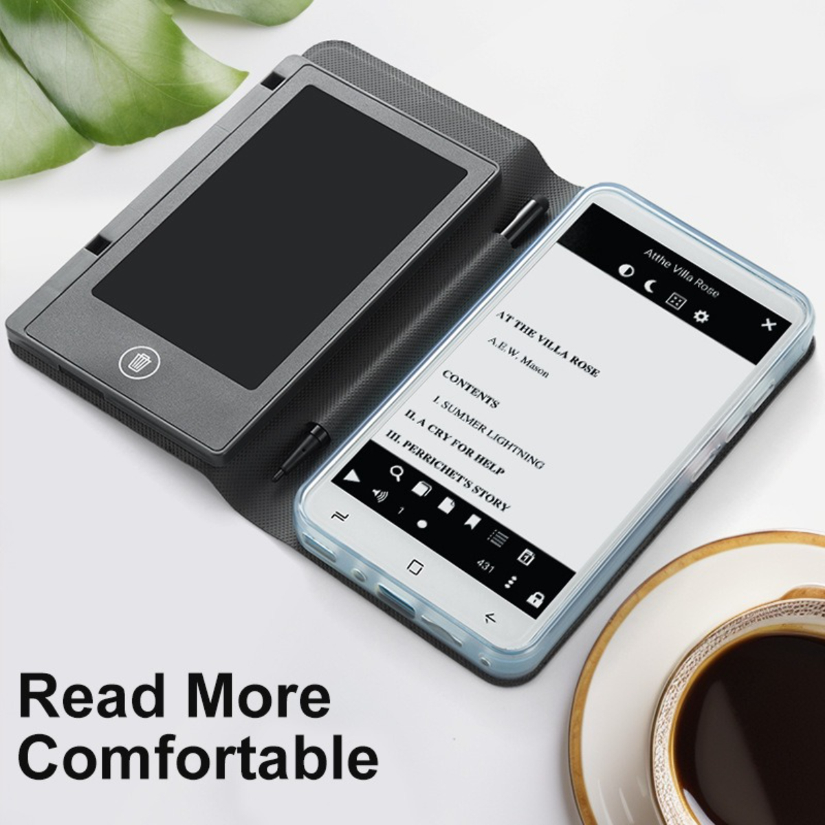 E-Reader und Smartphone auf einem Tisch geöffnet. Text lautet 'Read More Comfortable'. Kaffeetasse rechts.
