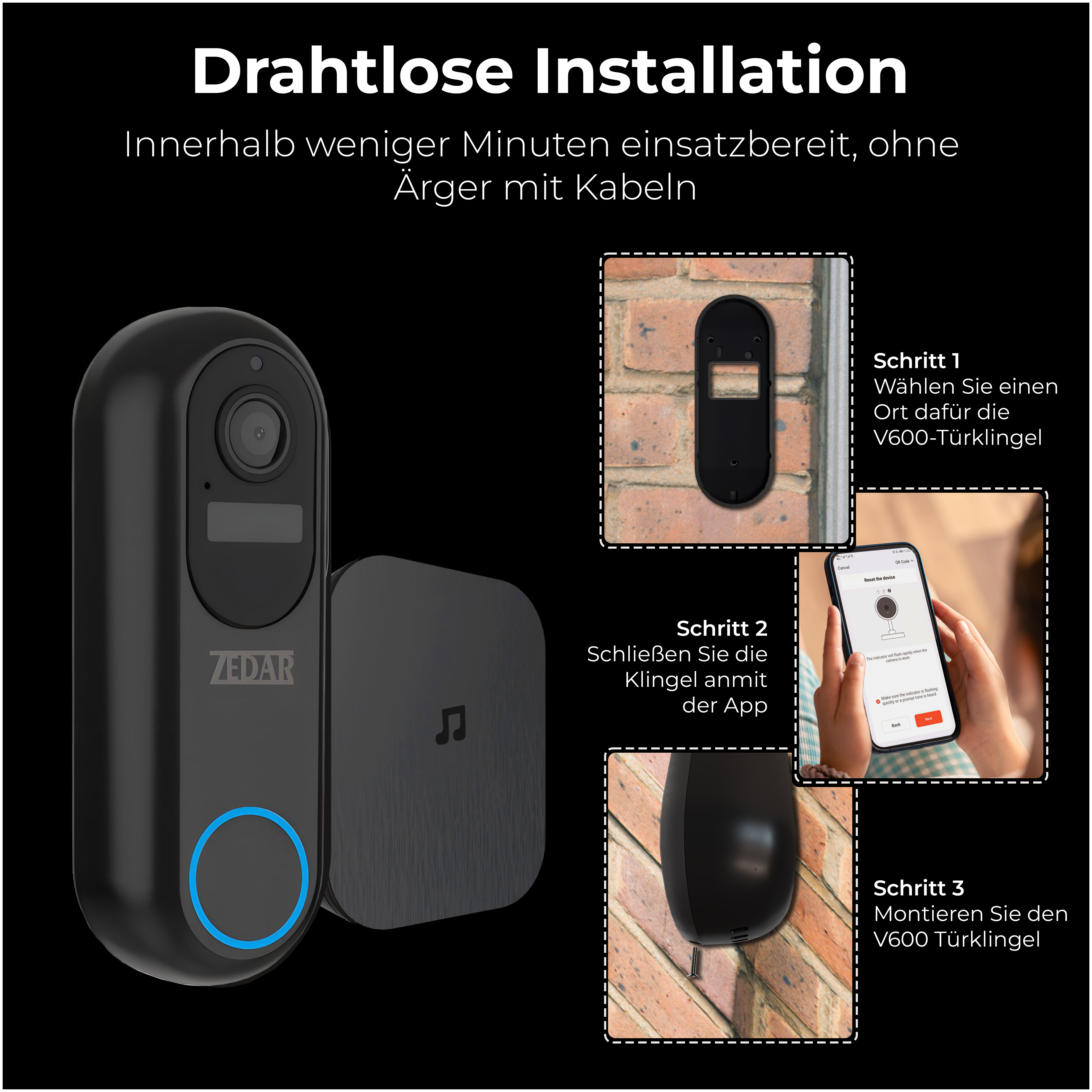 Eine schwarze Türklingel und Empfänger mit Installationsschritten auf Ziegelmauer-Hintergrund.