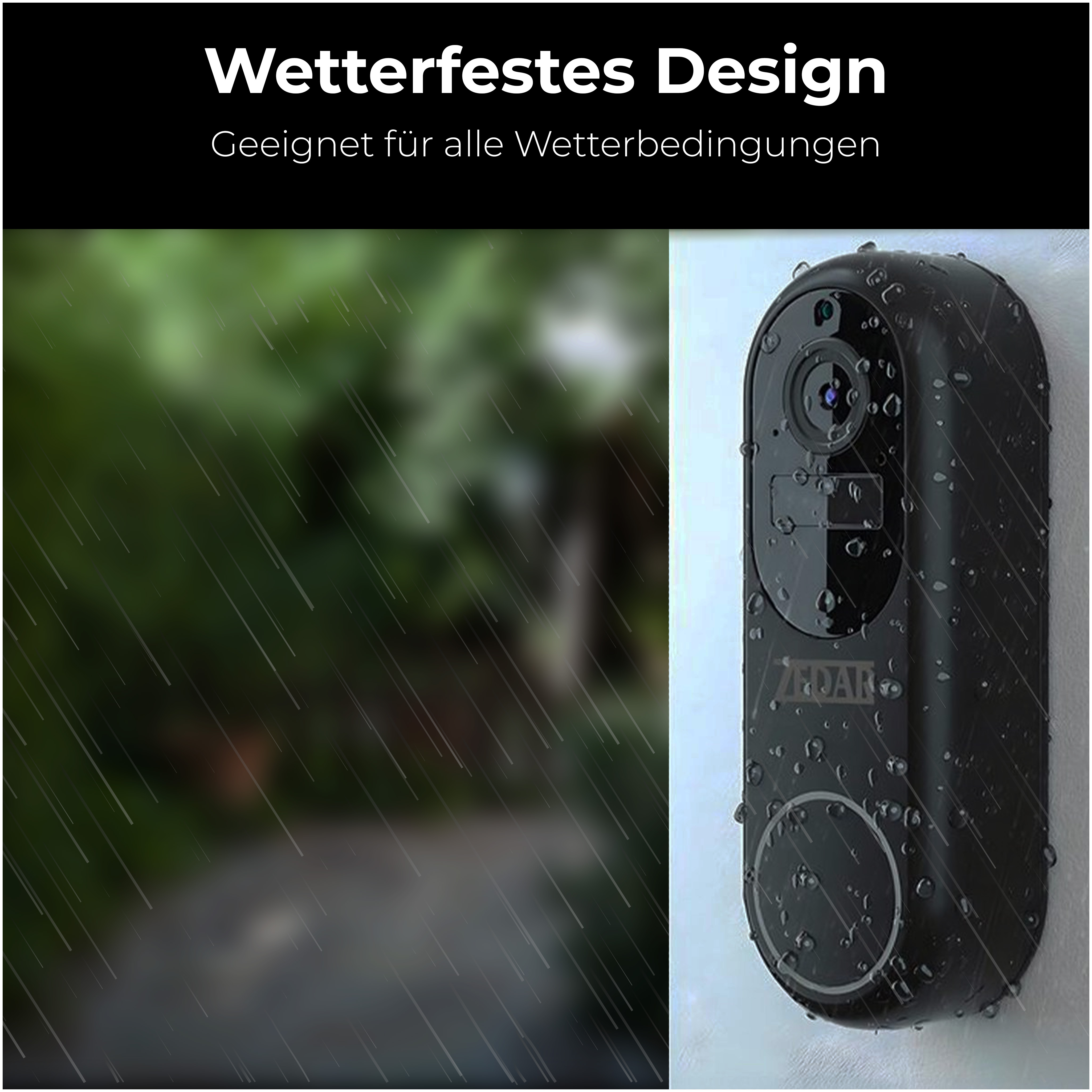 Eine schwarze Türklingel mit Kamera auf weißem Untergrund, mit Regentropfen. Der Hintergrund ist unscharf.