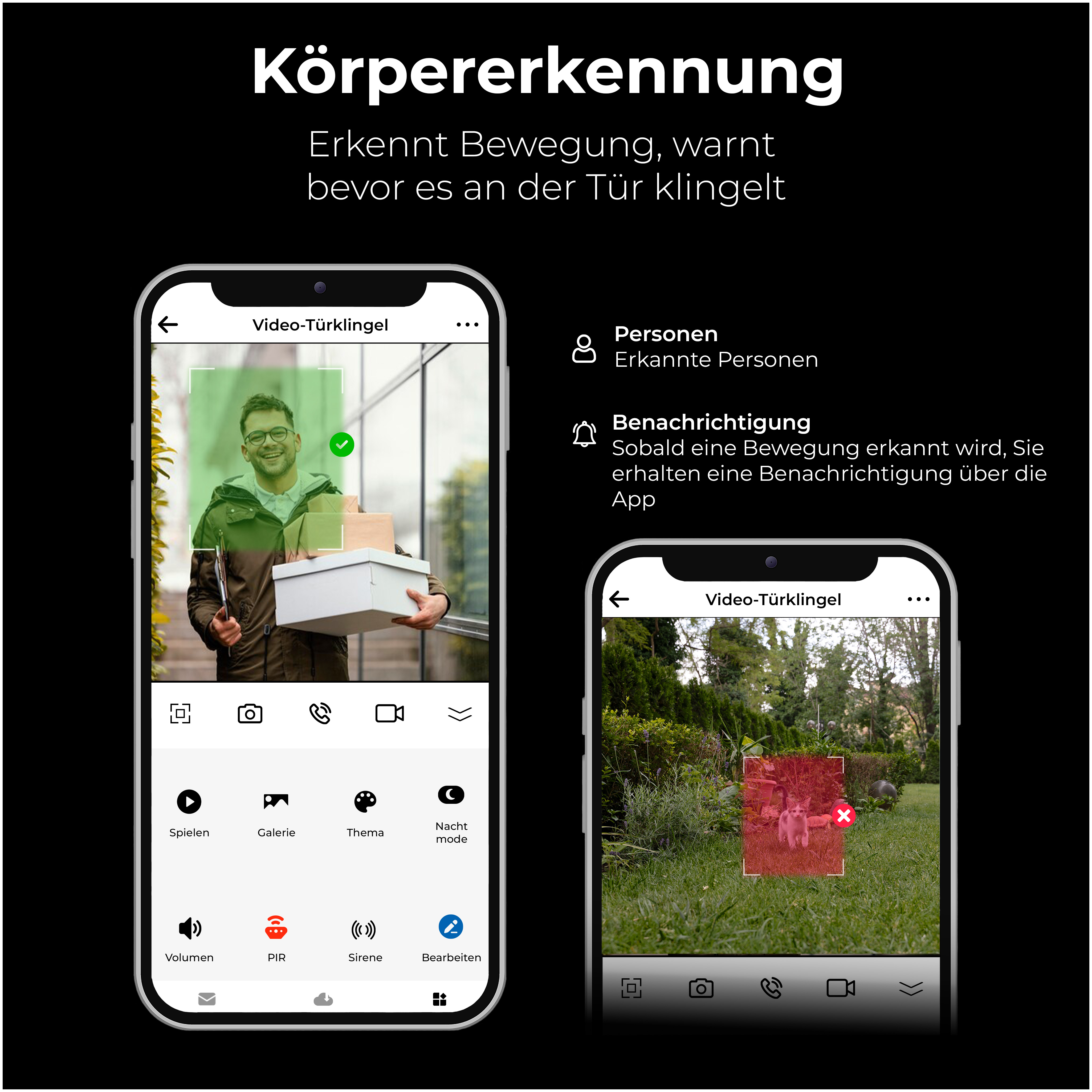 Zwei Telefone zeigen eine Türkamera-Oberfläche. Eines zeigt eine Person mit Kartons, das andere einen Garten.