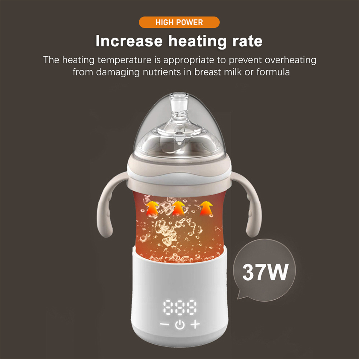 Ein Babyflaschenwärmer mit weißer Basis und einer Flasche mit Milch, mit einem 37W-Etikett.
