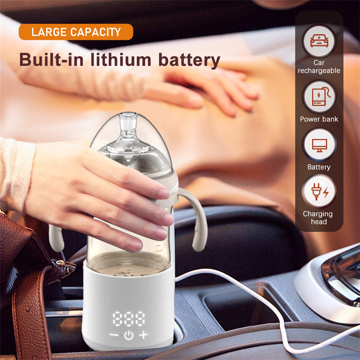 Babyflasche im Auto. Text: Eingebaute Lithiumbatterie. Wiederaufladbar im Auto, Powerbank, Ladekopf.