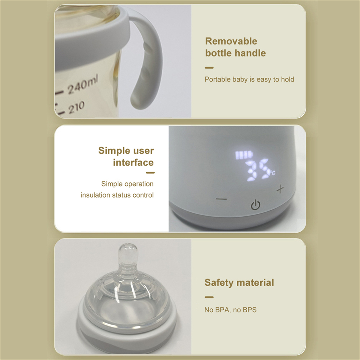 Bilder, die eine Babyflasche mit Merkmalen und Details der Benutzeroberfläche zeigen.