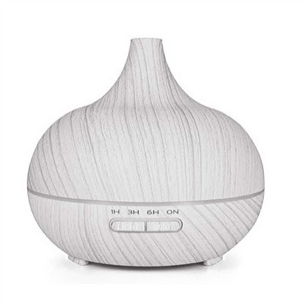 Ein weißer und Holzmaserung-Aroma-Diffusor. Er hat eine abgerundete Form mit Knöpfen für die Einstellungen auf der Vorderseite.