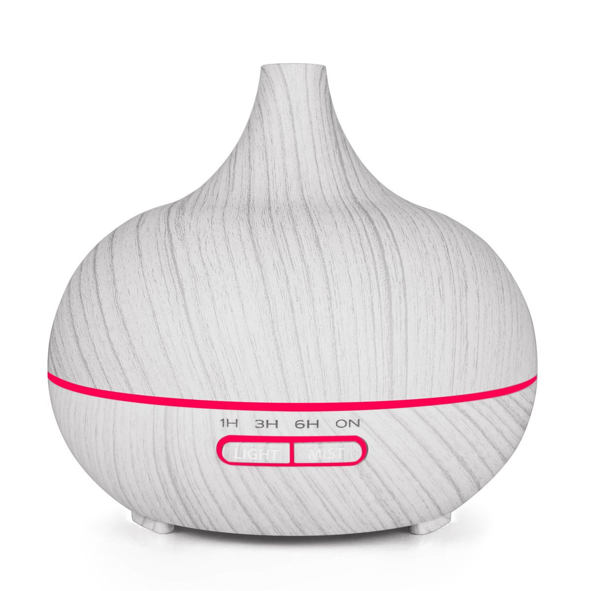 Ein weiß-grauer Diffusor für ätherische Öle mit rosa Licht und Knöpfen.