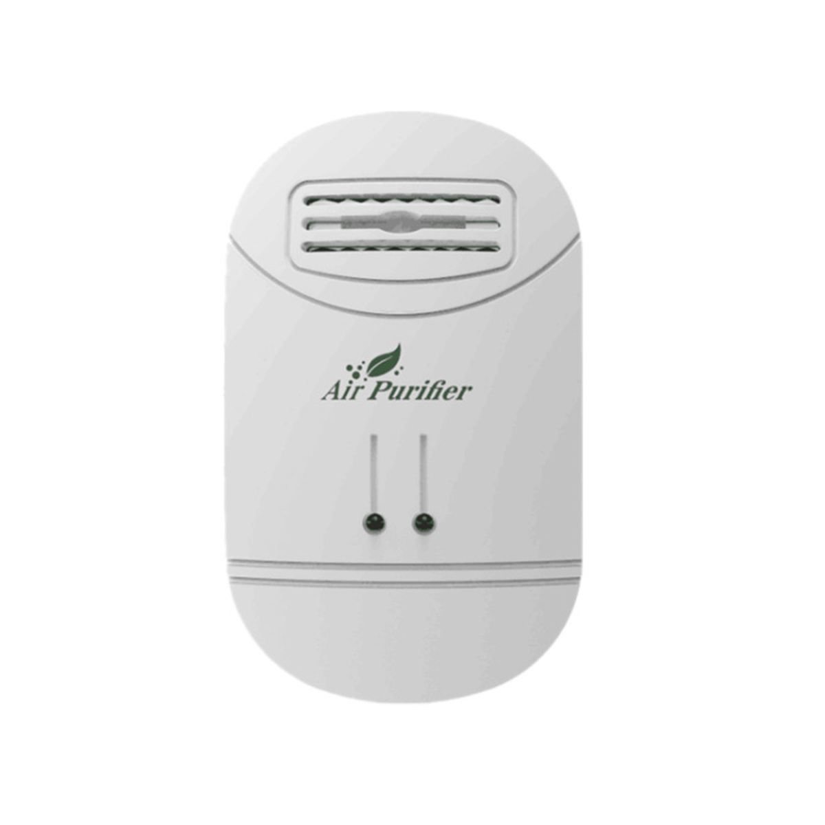 Weißer Luftreiniger mit Air Purifier-Text und zwei Kontrollleuchten. Hat einen kleinen Lufteinlass.