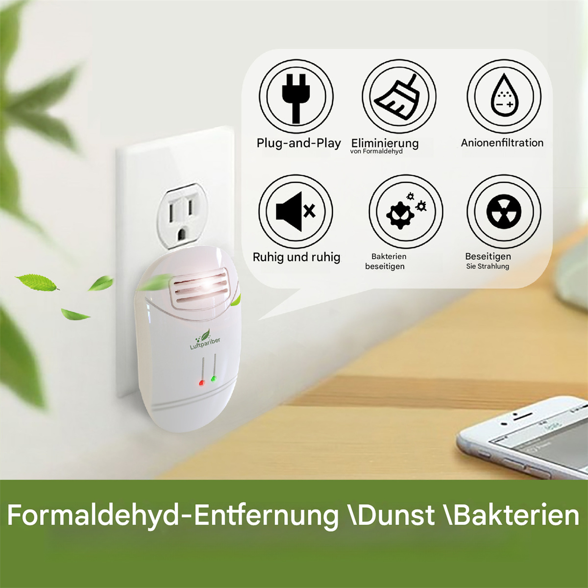 Weißer Lufterfrischer in einer Steckdose, mit Symbolen und Text über seine Funktionen.