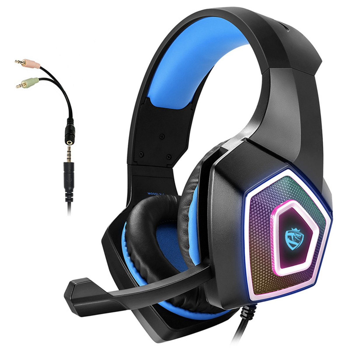 Schwarzes und blaues Gaming-Headset mit Mikrofon.