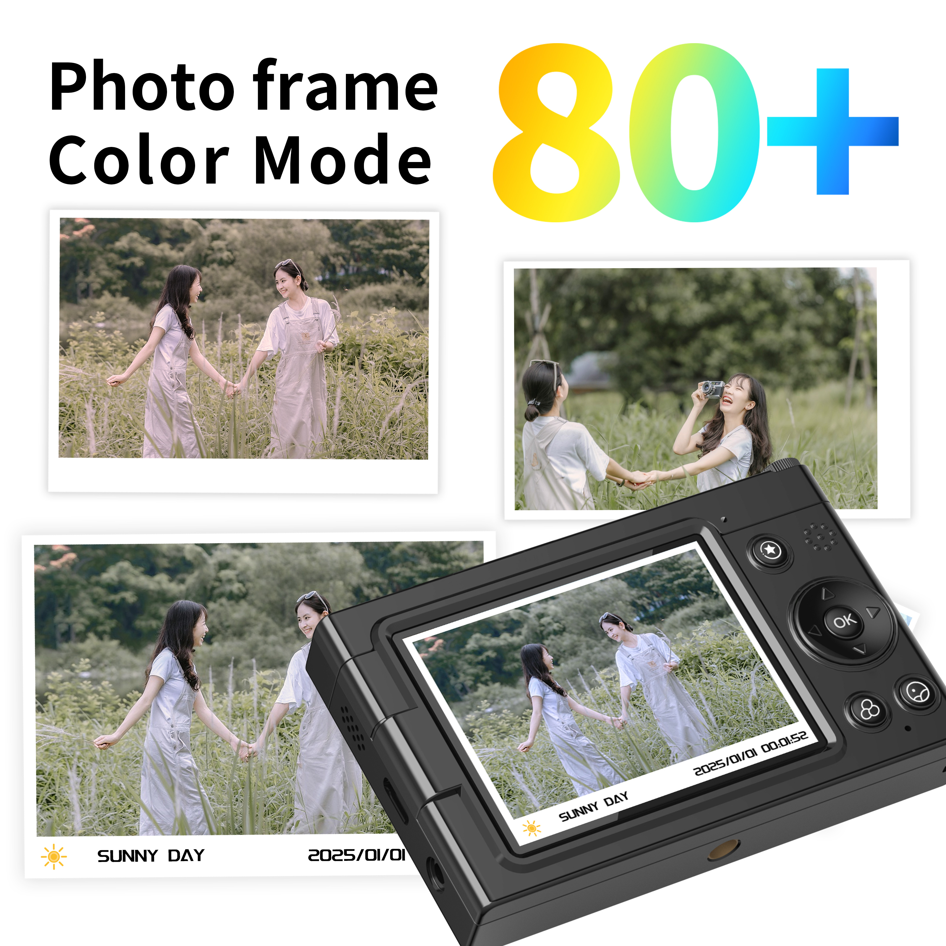 Eine schwarze Digitalkamera mit Fotos, die auf dem Bildschirm angezeigt werden. Weißer Hintergrund.