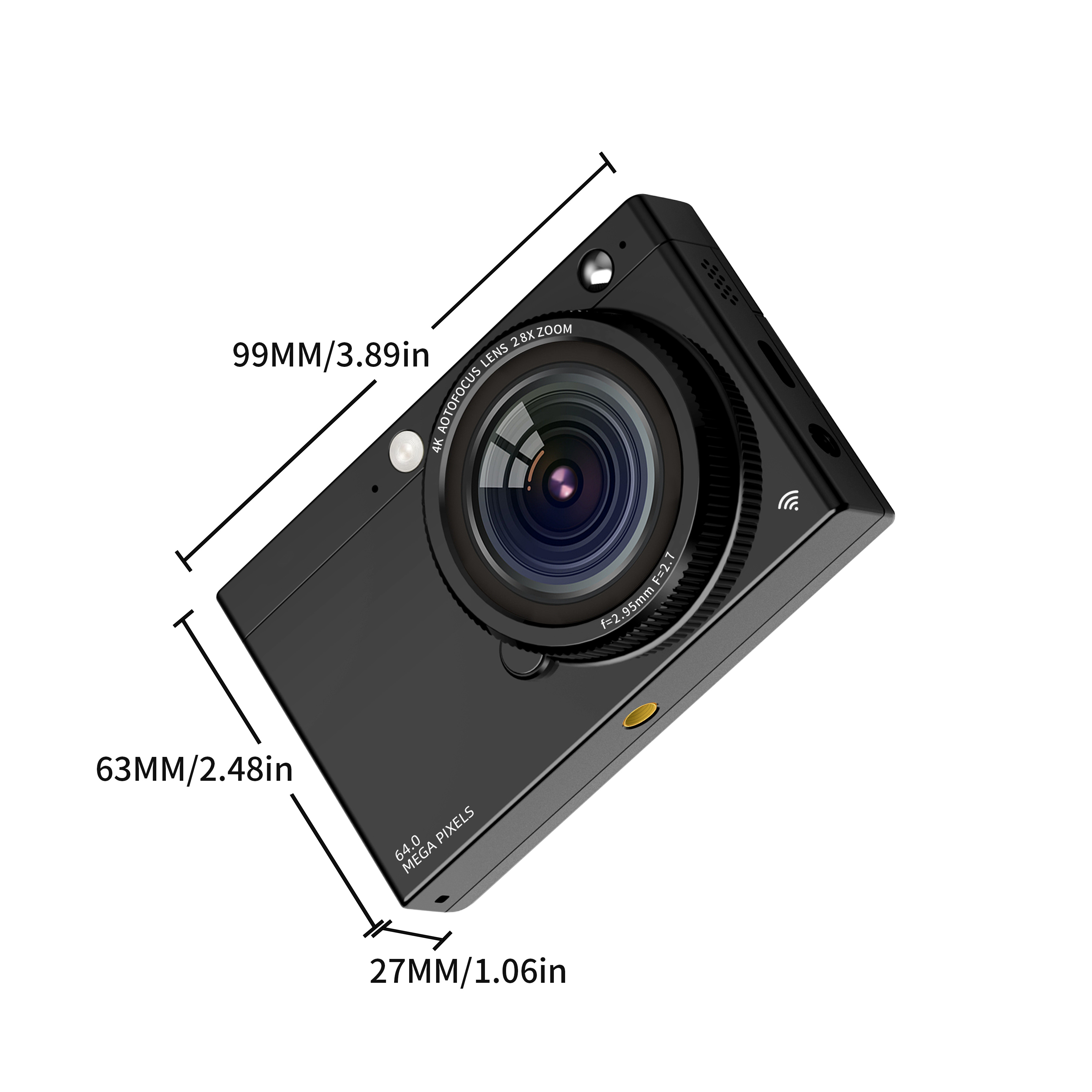 Schwarze Digitalkamera mit Maßangaben. Linsendetails: 4K, 2,8x Zoom, 64 Megapixel.