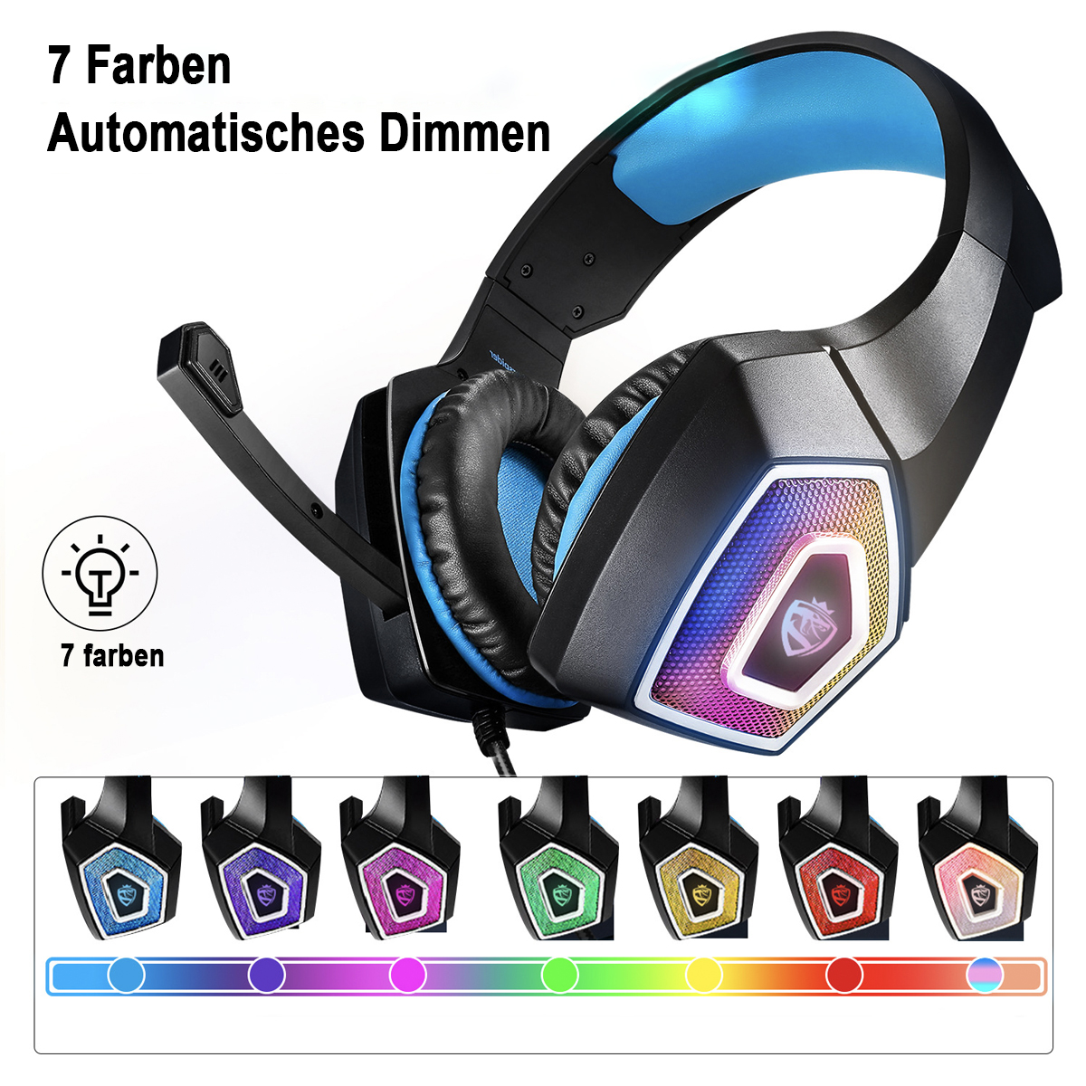 Schwarz-blaues Gaming-Headset mit Mikrofon und farbwechselnden LED-Leuchten.