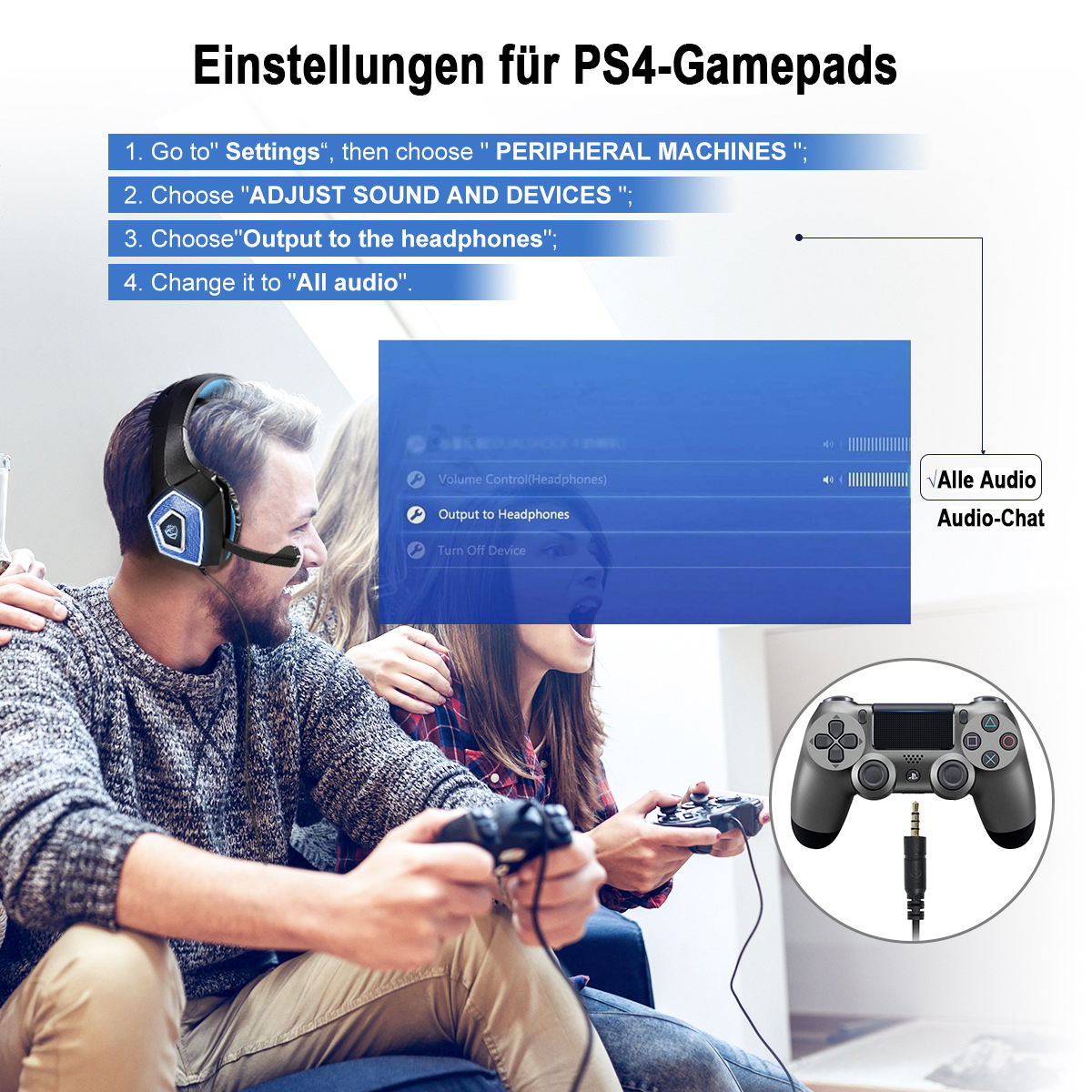 Zwei Personen spielen Videospiele, mit Anweisungen im Hintergrund.