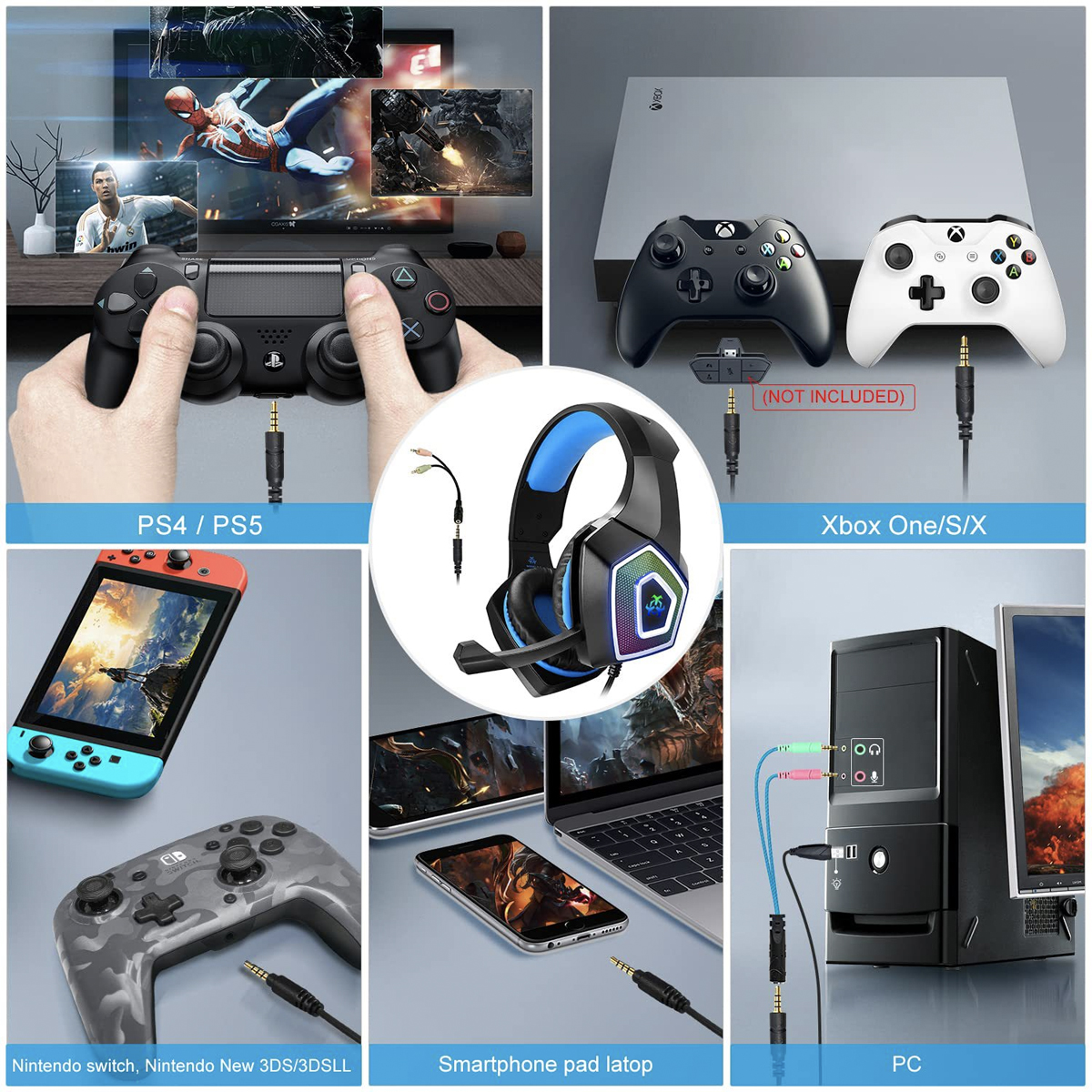 Mehrere Spielekonsolen und Controller, die mit einem Headset verbunden sind.