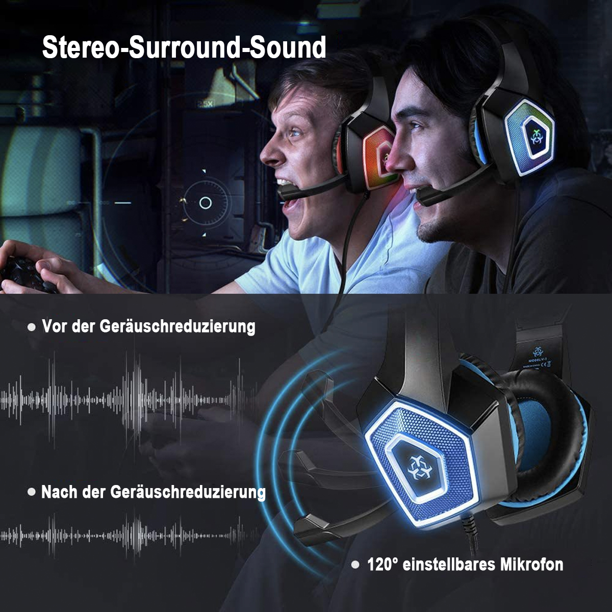 Zwei Personen tragen Gaming-Headsets. Das Bild zeigt die Geräuschreduzierungstechnologie und das Mikrofon.