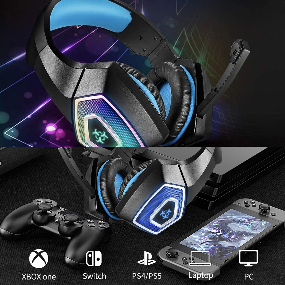 Schwarzes und blaues Gaming-Headset, mit Konsolen-Controllern und einem Laptop.