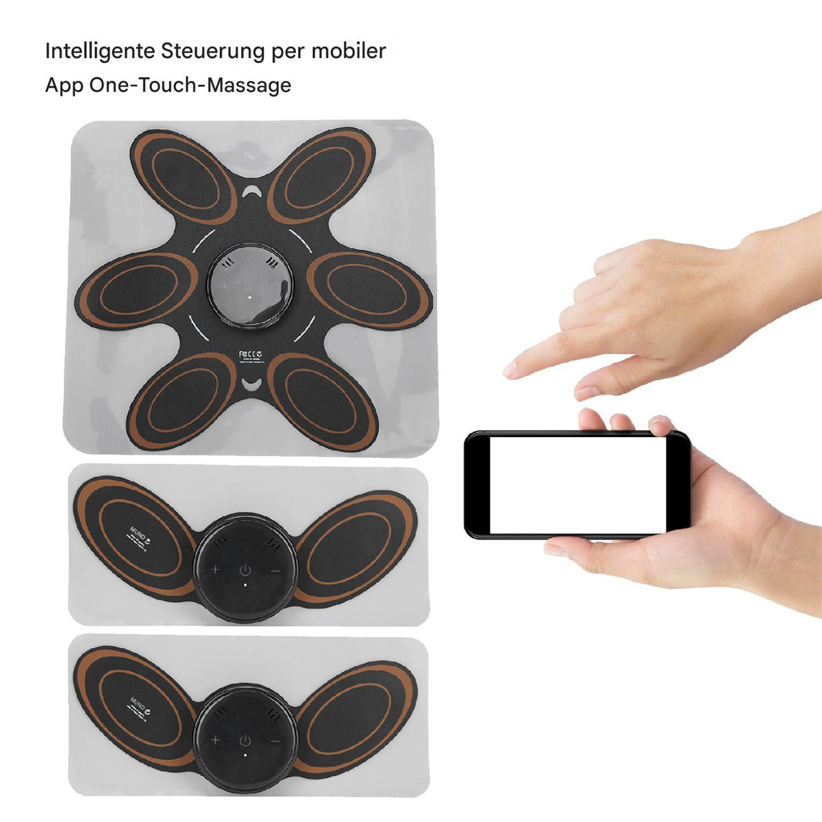 Massagegerät und Telefon. Schwarz-braunes Gerät mit einer Hand, die ein Telefon hält.