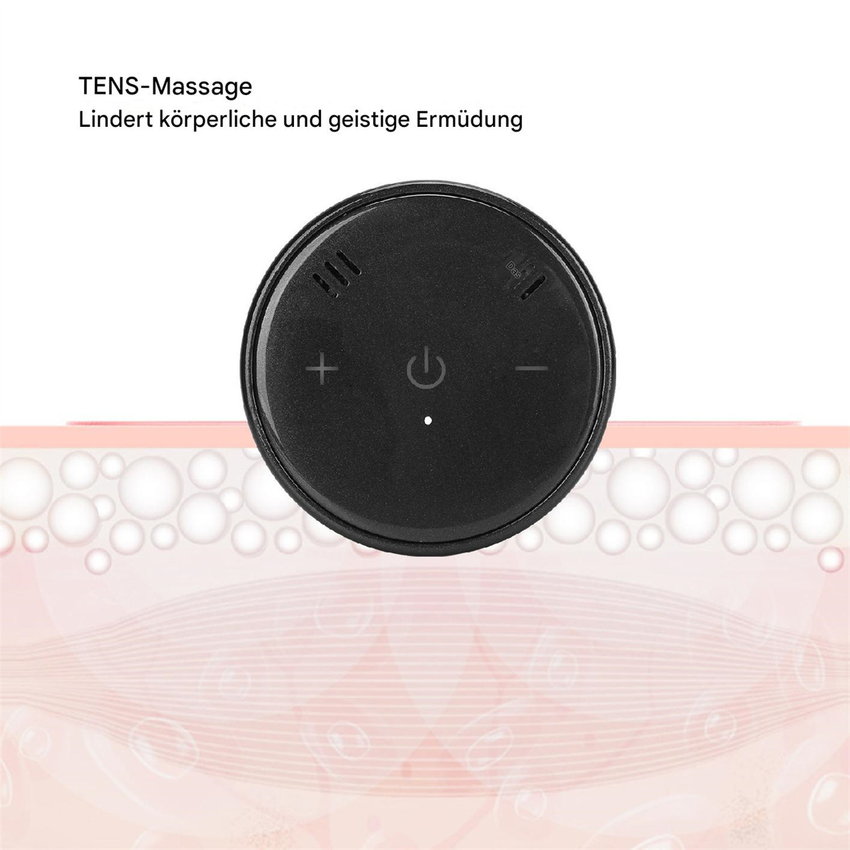Schwarzes TENS-Massagegerät. Hat Plus-, Minus- und Ein-Aus-Tasten. Auf Haut-Hintergrund.
