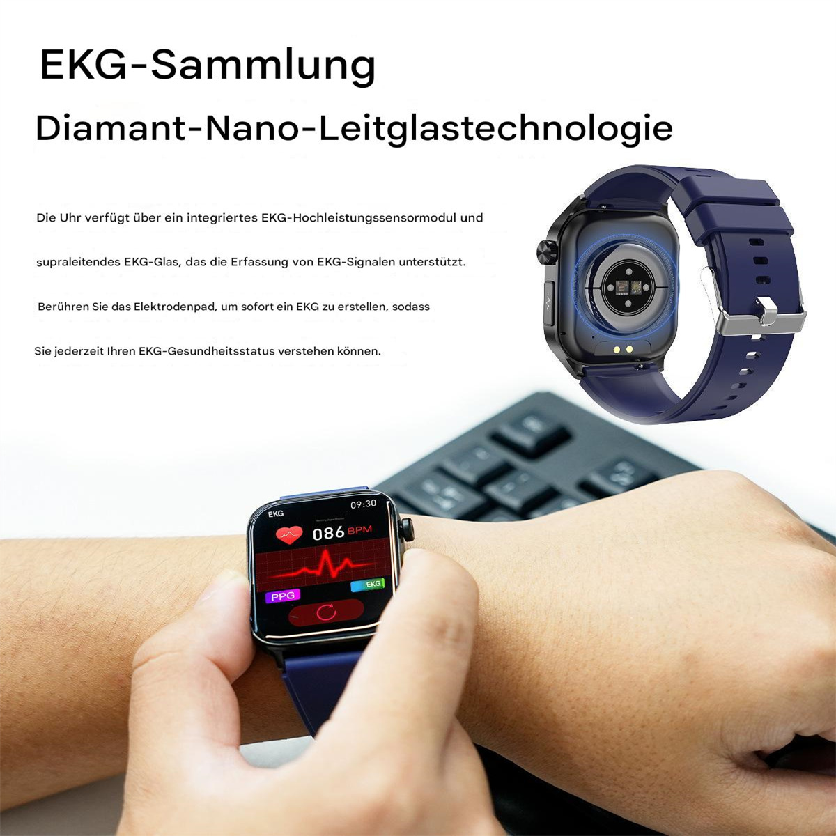 Armbanduhr, die EKG-Daten am Handgelenk anzeigt, mit Text und schwarzer Tastatur im Hintergrund.