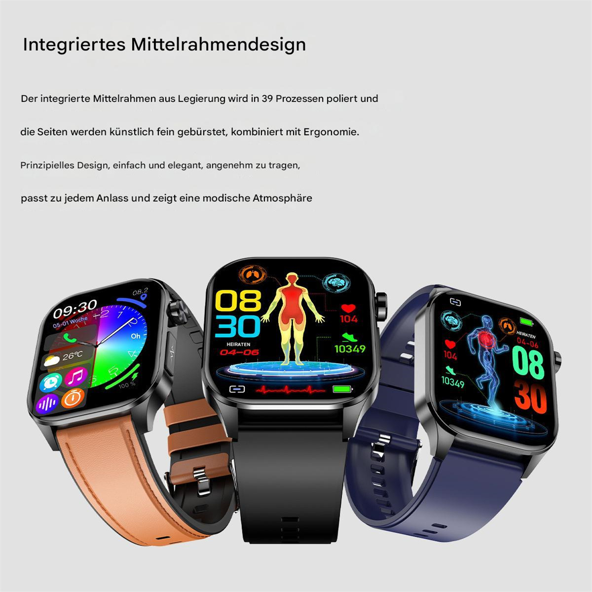 Drei Smartwatches mit verschiedenfarbigen Armbändern. Jede Uhr zeigt Gesundheitsdaten an.