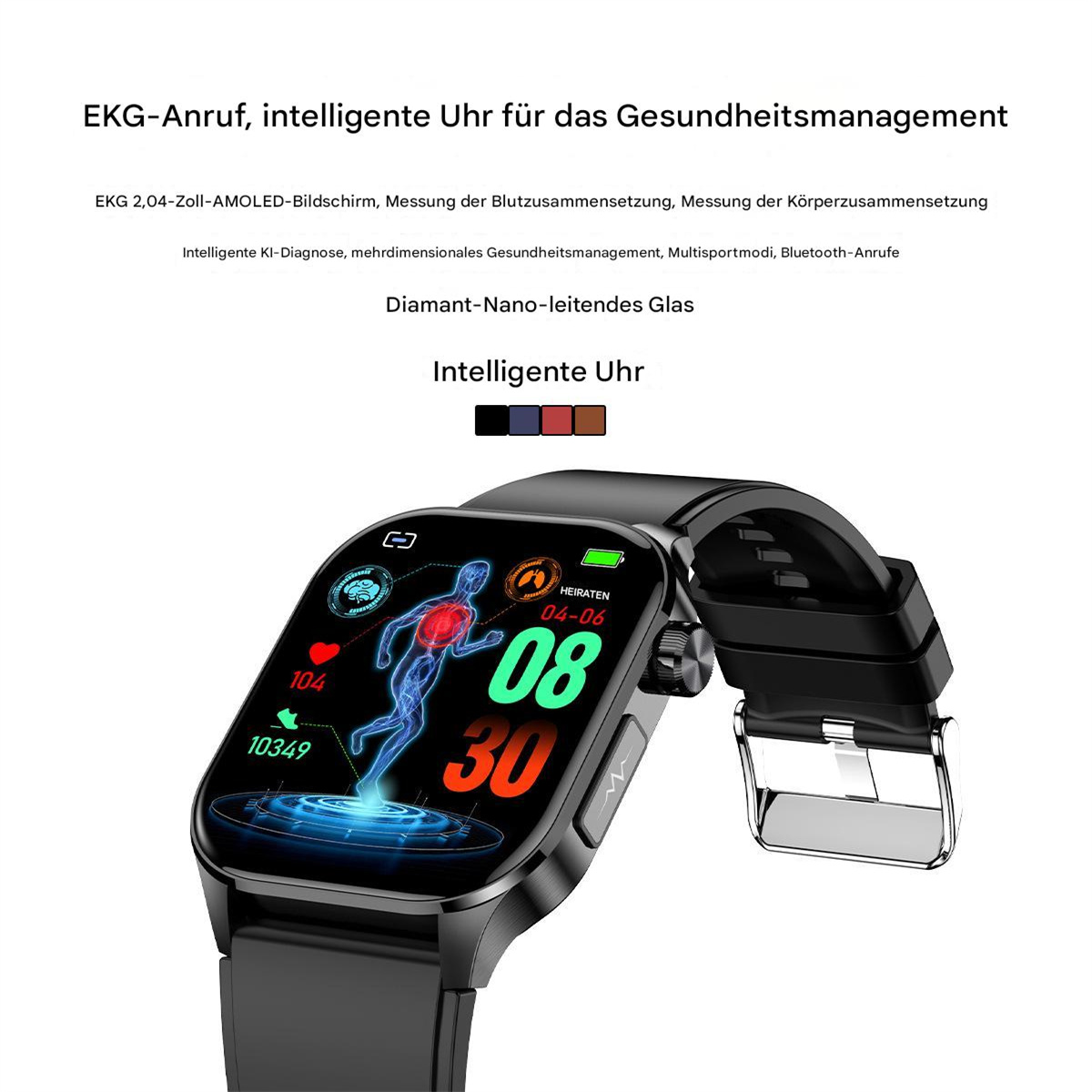 Smartwatch mit Blutdruck und Herzfrequenzanzeige, mit Text oben.