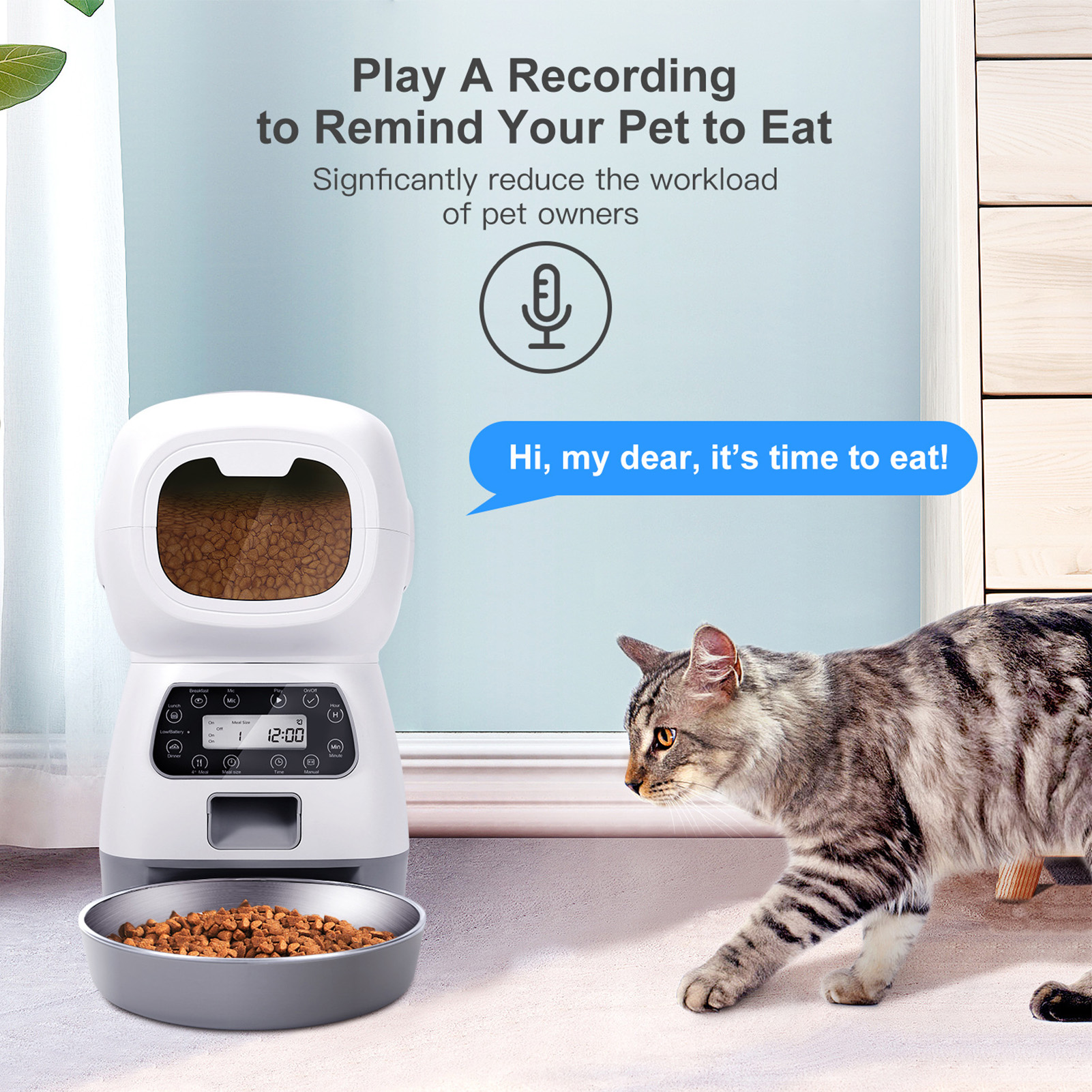 Eine Katze schaut einen Futterautomaten mit Futter an. Eine Sprechblase sagt: 'Hallo, mein Lieber, es ist Zeit zu essen!'