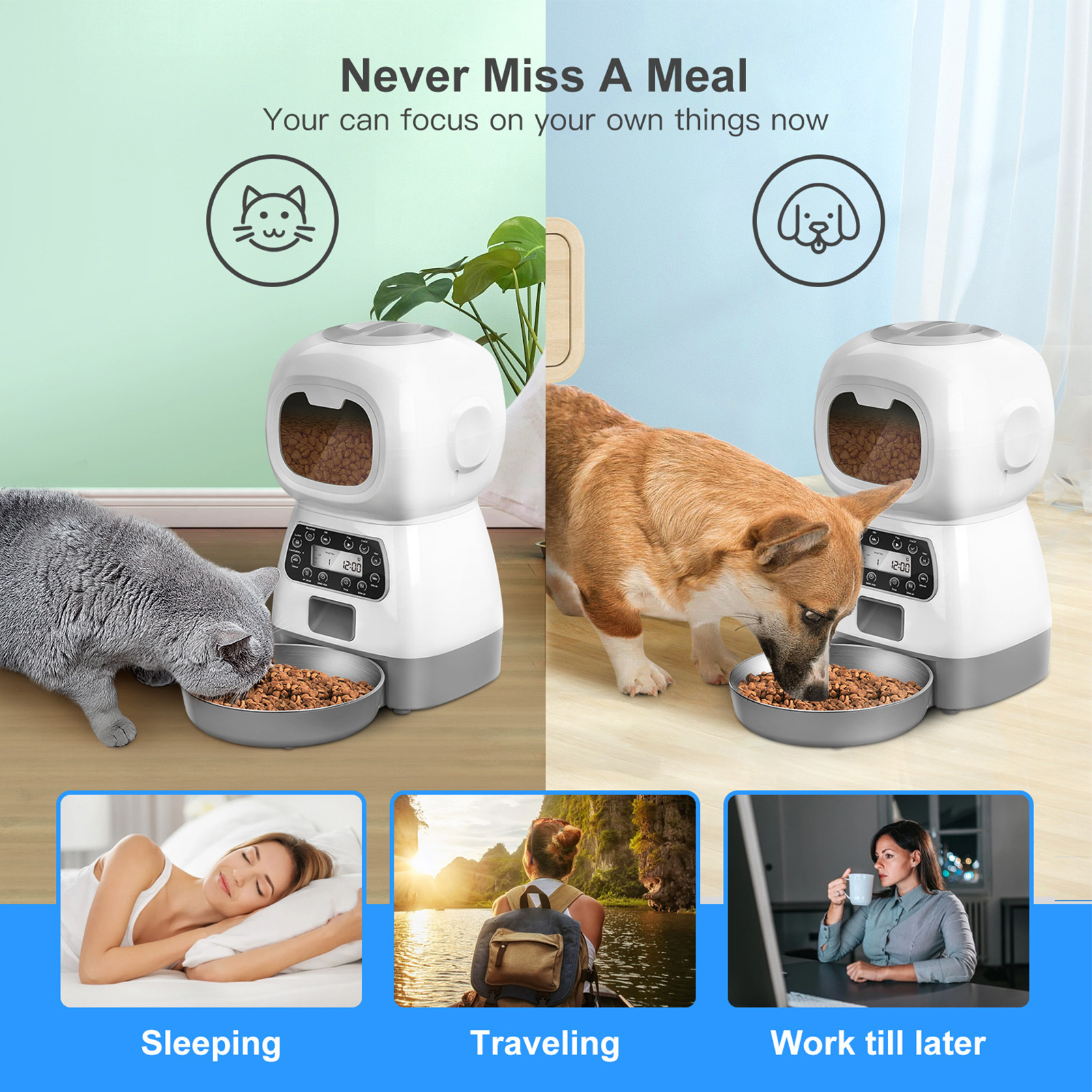 Automatischer Haustierfutterautomat mit Katzen und Hunden beim Fressen und Szenen von Menschen beim Schlafen, Reisen und Arbeiten.